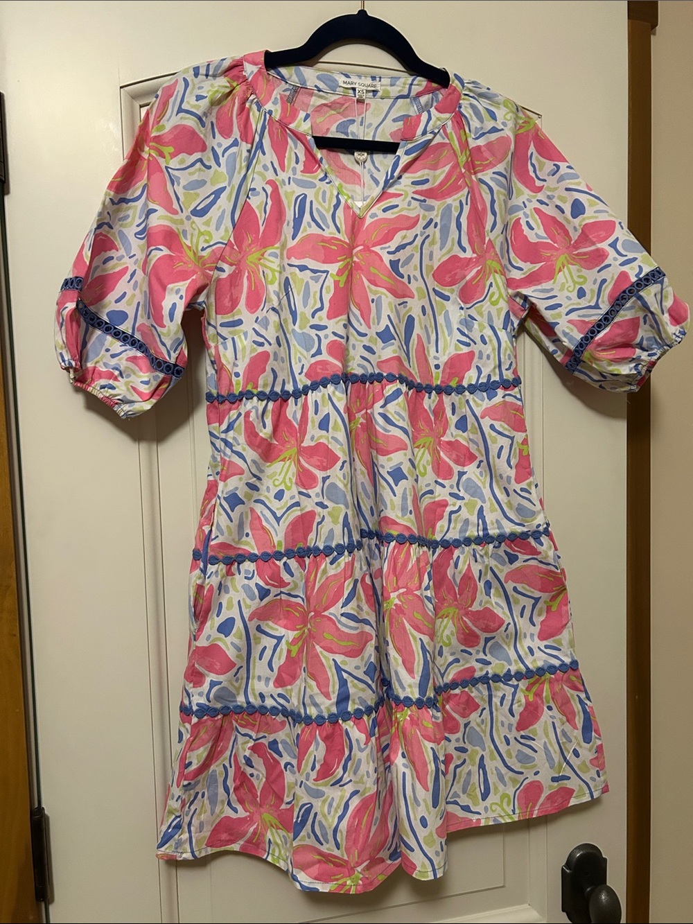 Mary Square Palmer Pink Floral Tiered Midi Dress w/ Puff Sleeves Summer Perfect